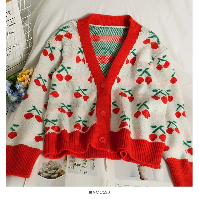 Super Sale Hong Kong Vintage contrast stitched cherry print V-neck T-shirt  1881