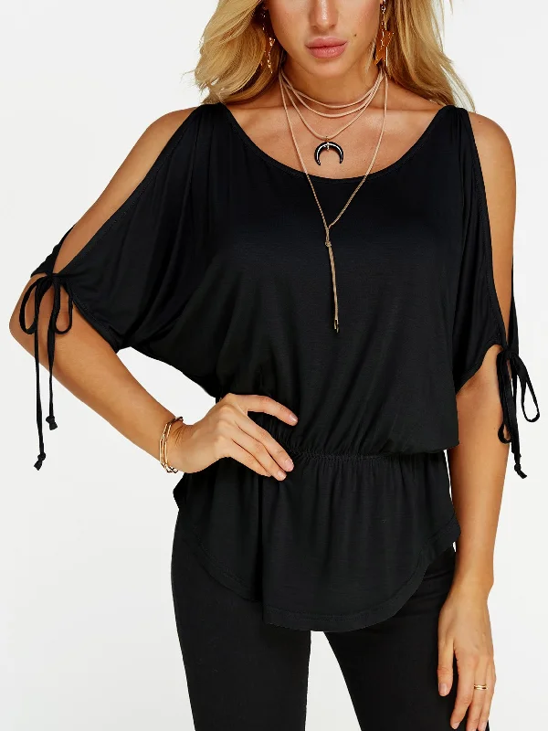 Stock Clearance OEM ODM Cold Shoulder Plain Lace-Up Half Sleeve Curved Hem Black Top