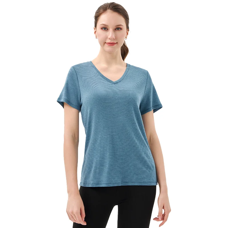 Year-End Sale Women's Merino 200g V-Neck Short Sleeve T-Shirt Blue Grey Stripes