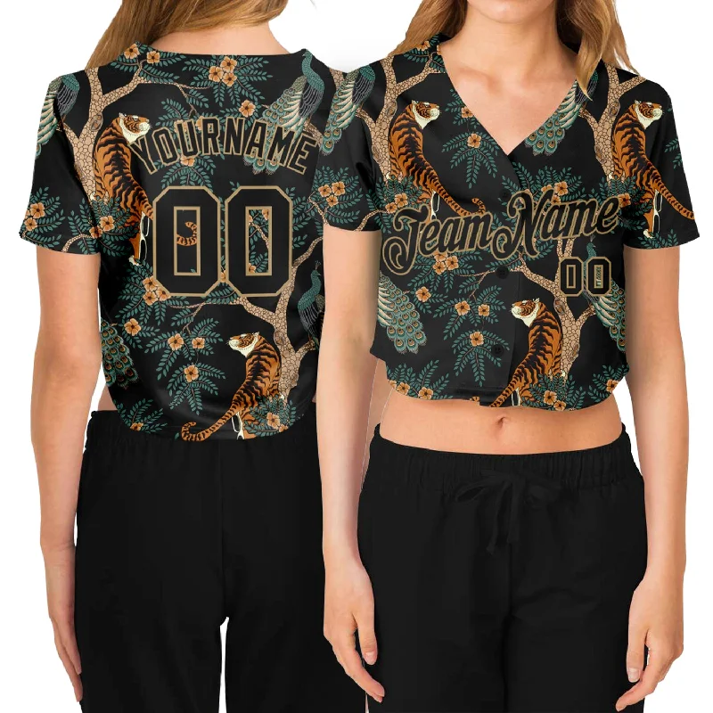 Crazy Deals Custom Women's Black Black-Old Gold Tiger And Peacock 3D V-Neck Cropped Baseball Jersey