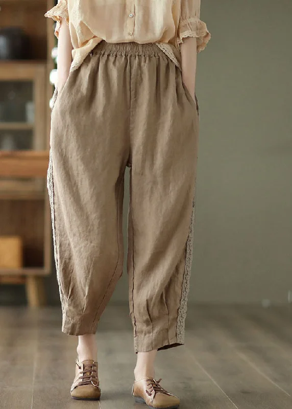 Weekend Savings Extravaganza Khaki Patchwork Linen Crop Pants Elastic Waist Oversized Pockets Spring