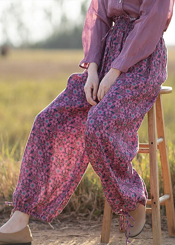 Deal Alert Loose Red Pockets Print Drawstring Elastic Waist Draping Linen Lantern Pants Fall