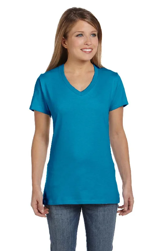 Discount Mania Hanes Womens Nano-T Short Sleeve V-Neck T-Shirt - Teal Blue - Closeout