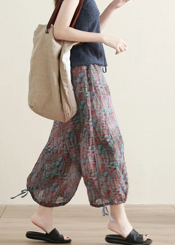Grand Opening Sale French Print Cinched Pockets Patchwork Cotton Crop Pants Summer
