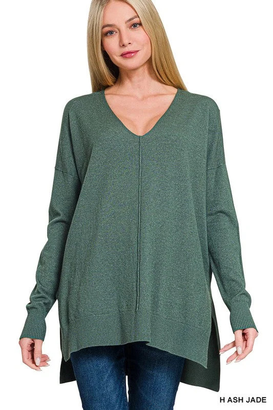 Super Bargain HALEIGH HI-LOW HEM V-NECK CENTER SEAM SWEATER S-XL