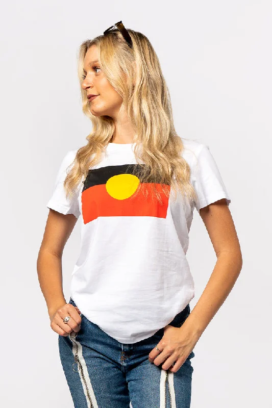 Weekend Offers That Thrill "Raise the Flag" Aboriginal Flag (Large) White Cotton Crew Neck Womens T-Shirt
