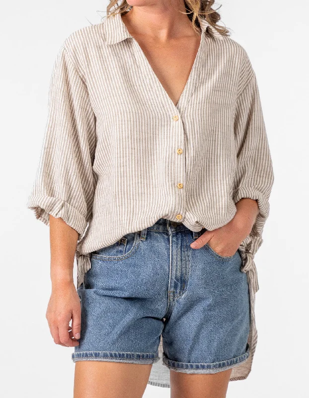 Mega Discount Flinders Oversize Button Down Shirt in Beige Stripe
