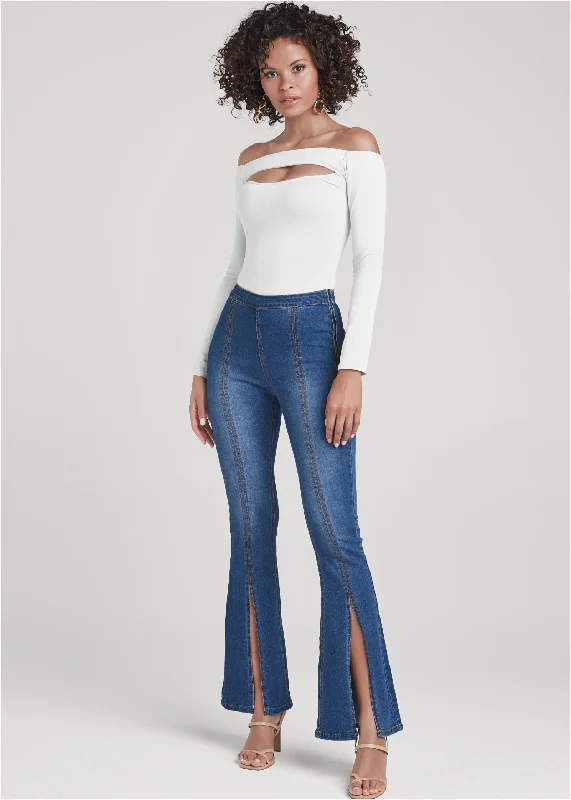 Value Deals Slit Detail Bootcut Jeans - Medium Wash