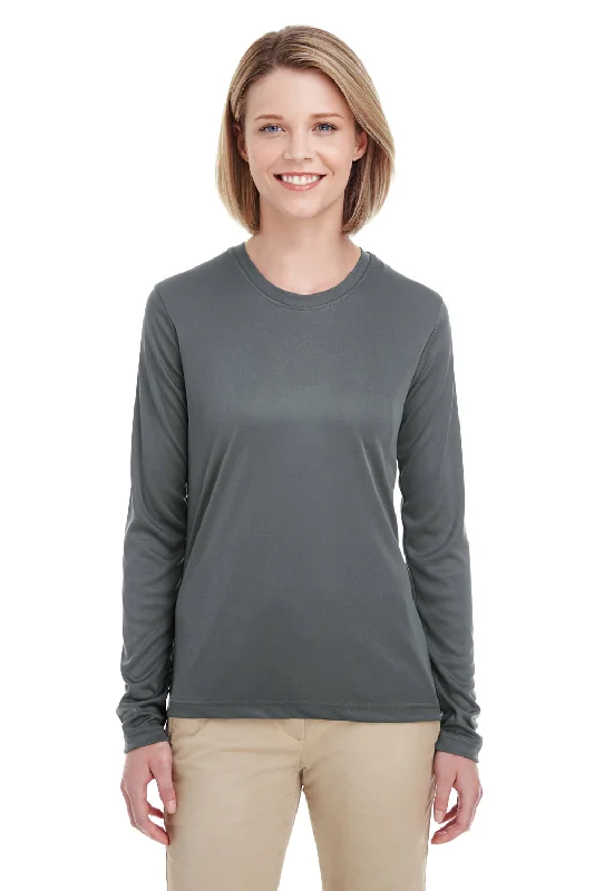 Deal Alert UltraClub Womens Cool & Dry Performance Moisture Wicking Long Sleeve Crewneck T-Shirt - Charcoal Grey