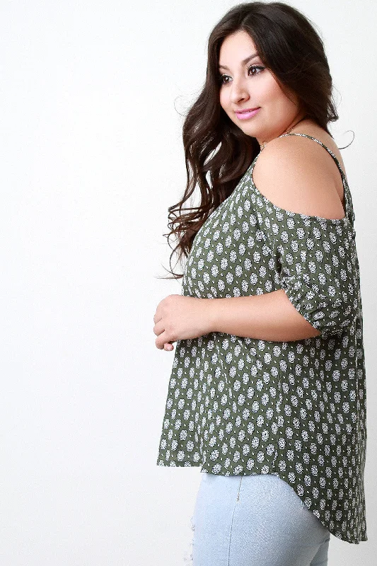 Mega Discount Boho Print Cold Shoulder Self-Tie Tassel Top