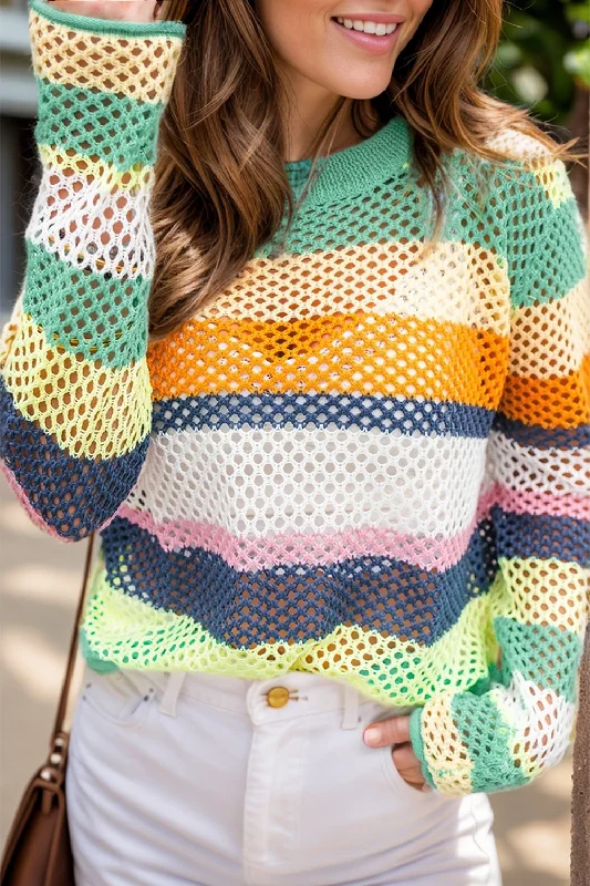 Big Discounts Openwork Color Block Round Neck Knit Top