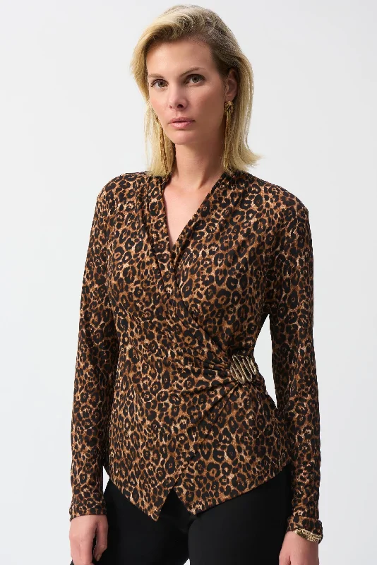 Daily Specials Joseph Ribkoff Beige/Black Animal Print Fitted Faux Wrap Top 244251