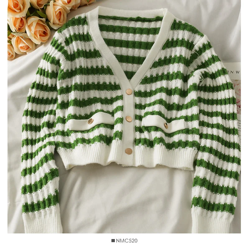 Year-End Sale Striped loose thin single breasted cardigan long sleeved sweater  1850