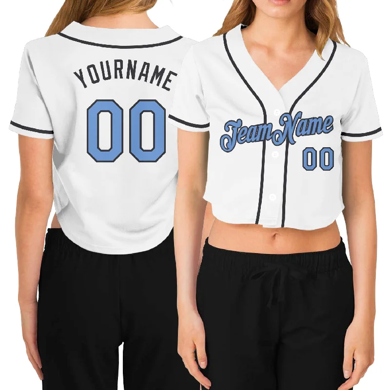 Final Markdown Custom Women's White Light Blue-Steel Gray V-Neck Cropped Baseball Jersey
