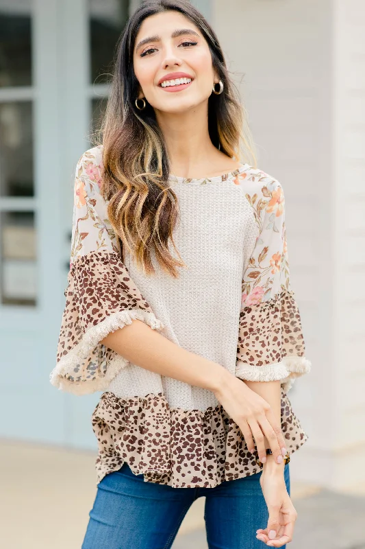 Bargain Blast Across The Board Natural Brown Mix Print Top