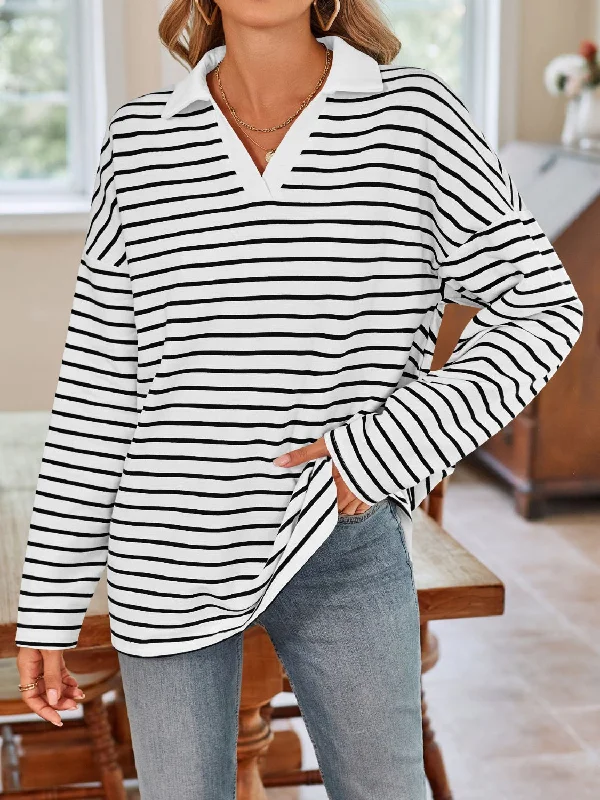 New Markdowns Striped Johnny Collar Long Sleeve T-Shirt