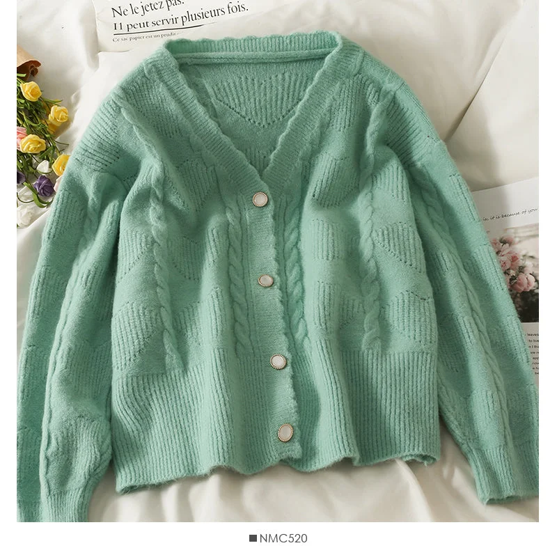 YEAR-End Sale Sweater women's new wave edge V-neck single breasted cardigan  1873