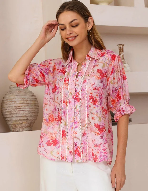 Best Deals Orlyn Short Sleeve Button Front Blouse in Pink Floral