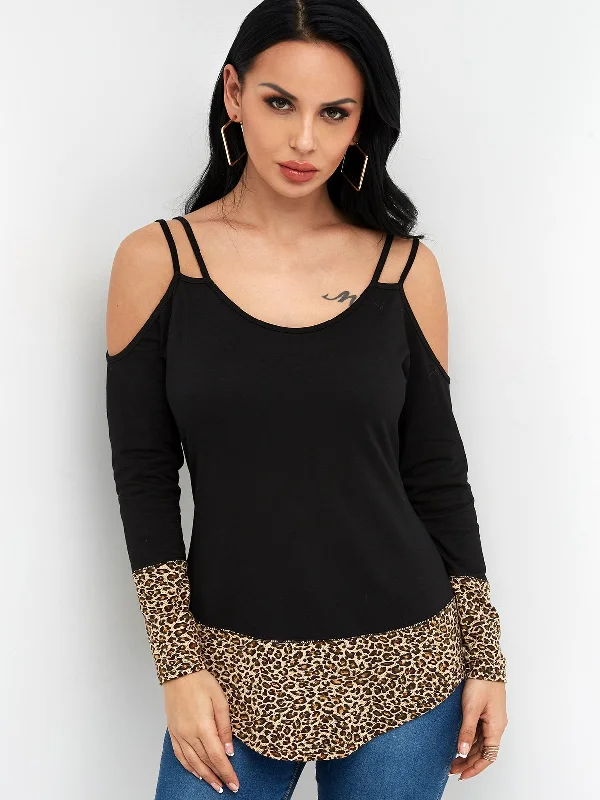 Exclusive Access Custom Cold Shoulder Leopard Long Sleeve Black T-Shirts