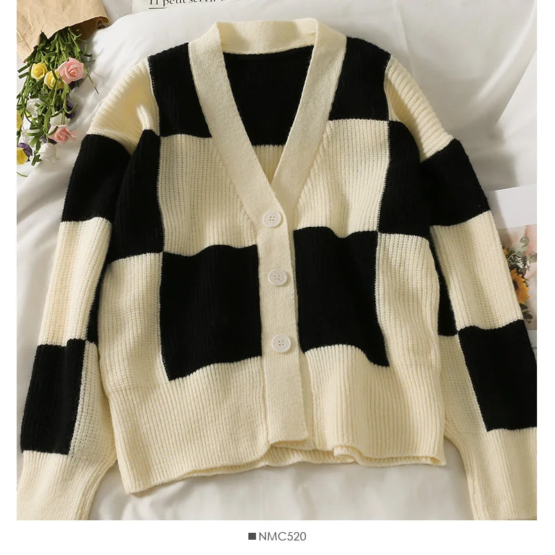Crazy Deals Sweater women's contrast stitched Plaid single breasted  1847
