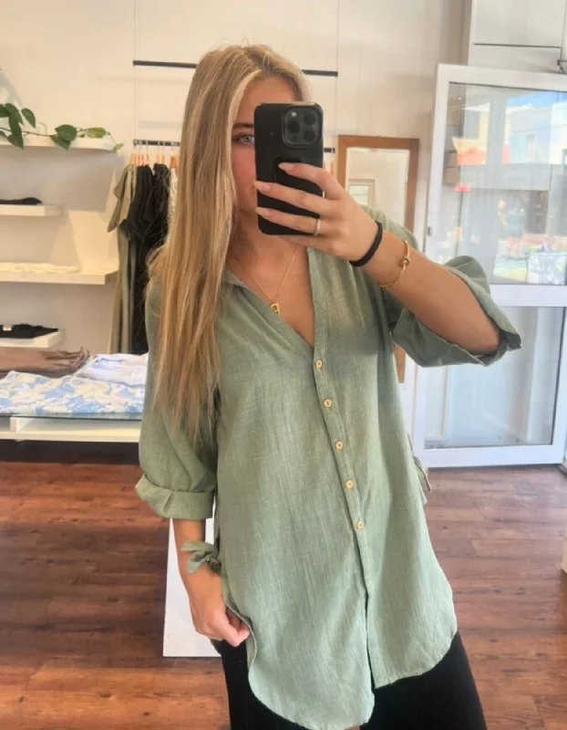 Can't Be Beat Hawthorn Oversize Button Down Shirt in Khaki