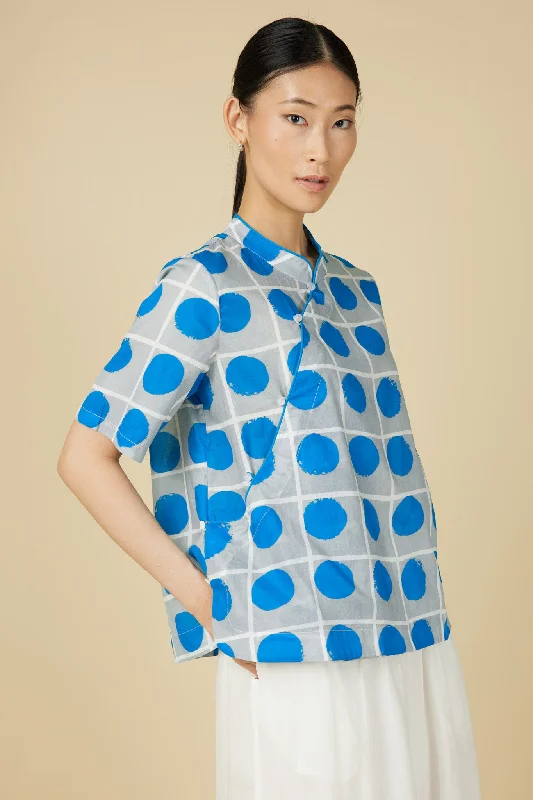 Deal of the Day Short Sleeve Cheongsam Top - Blue Polka Dot