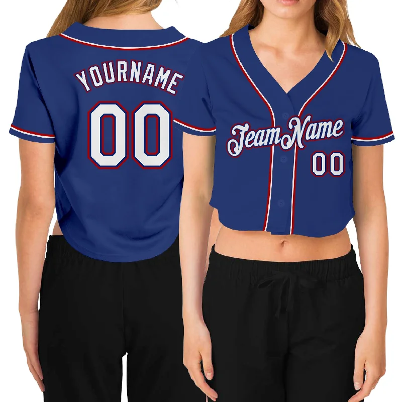 Weekend Savings Delight Custom Women's Royal White-Red V-Neck Cropped Baseball Jersey