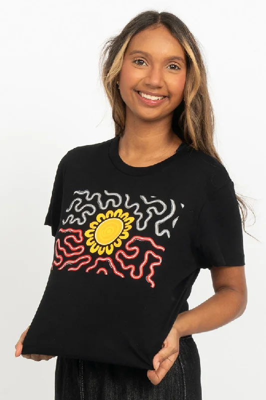 One-DAY Sale Threaded Together Flag Black Cotton Crew Neck Womens T-Shirt