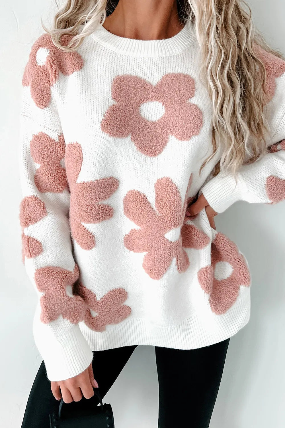 Exclusive Savings Flower Round Neck Long Sleeve Knit Top