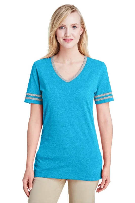Weekend Savings Sensation Jerzees Womens Varsity Ringer Moisture Wicking Short Sleeve V-Neck T-Shirt - Heather Caribbean Blue/Oxford Grey - Closeout