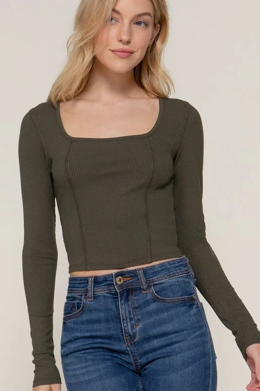 Weekend Bargains to Sizzle RIHANNA LONG SLV SQUARE NECK CORSET DETAIL KNIT TOP
