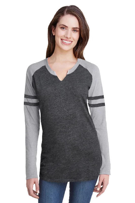 Price Drop LAT Womens Gameday Mash Up Fine Jersey Long Sleeve V-Neck T-Shirt - Vintage Smoke Grey/Heather Grey