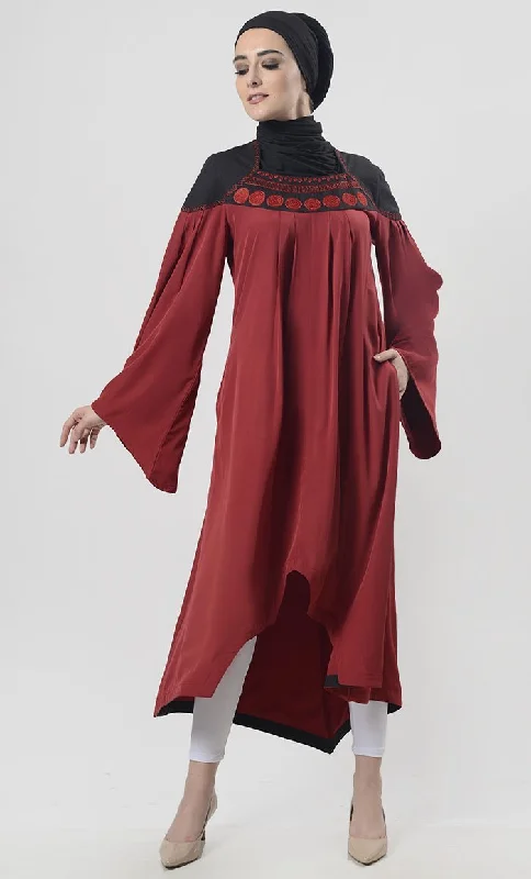 Holiday Sale Pretty Red Asymmetric Hem With Aari Work Detailing Tunic