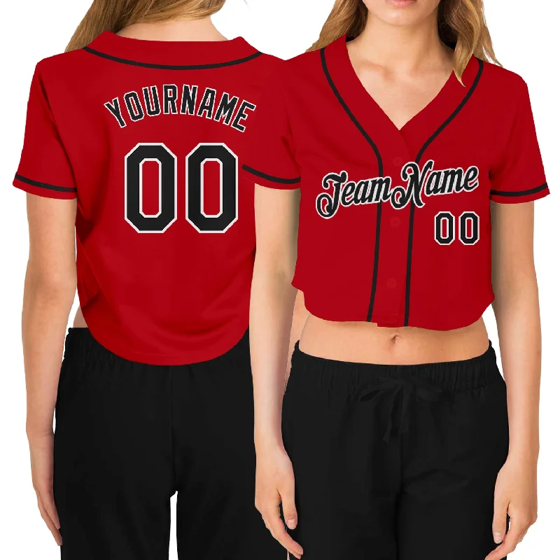 Unmissable Offer Custom Women's Red Black-White V-Neck Cropped Baseball Jersey