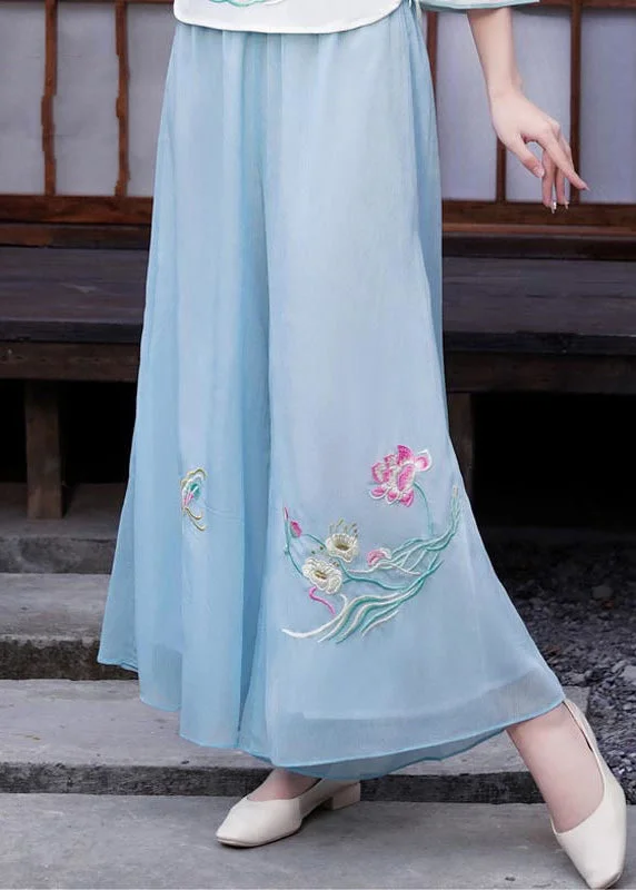Weekend Deals That Impress Light Blue Chiffon Wide Leg Pants Draping Embroideried Spring