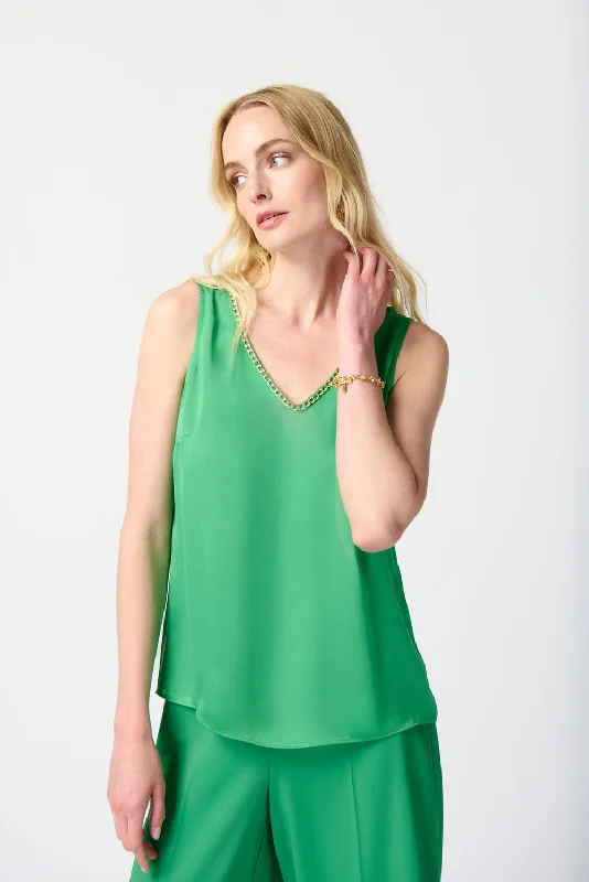 Sale Event Joseph Ribkoff Island Green Chain Detail Satin V-Neck Sleeveless Cami Top 241928