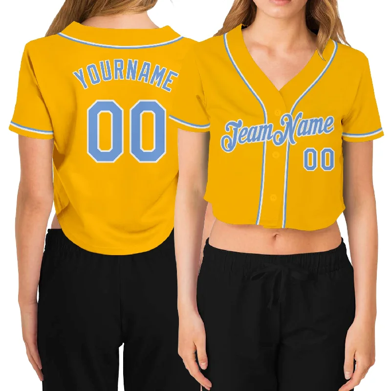 Weekend Discounts to Snag Custom Women's Gold Light Blue-White V-Neck Cropped Baseball Jersey