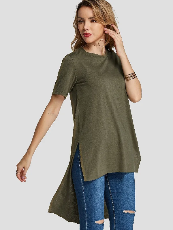 Big Discounts Custom Round Neck Plain Slit Short Sleeve High-Low Hem Army Green T-Shirts