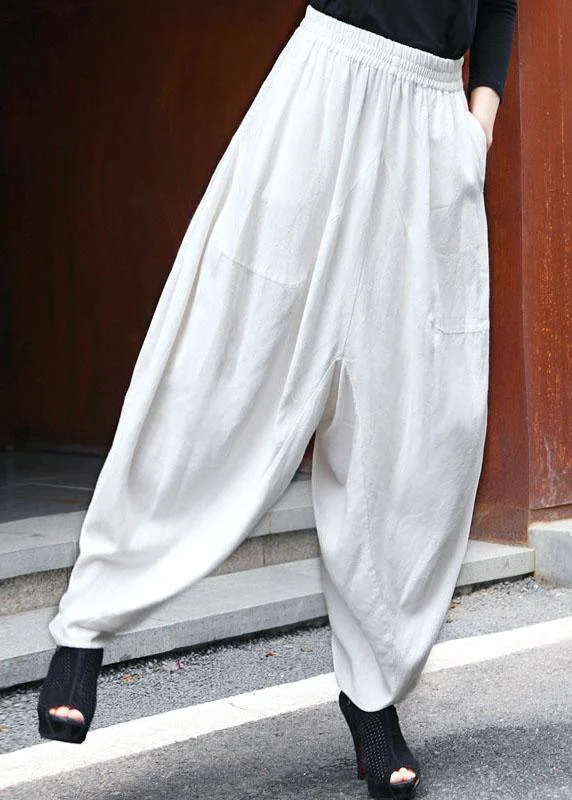 Hurry In Modern White Elastic Waist Pockets asymmetrical design Spring Pants