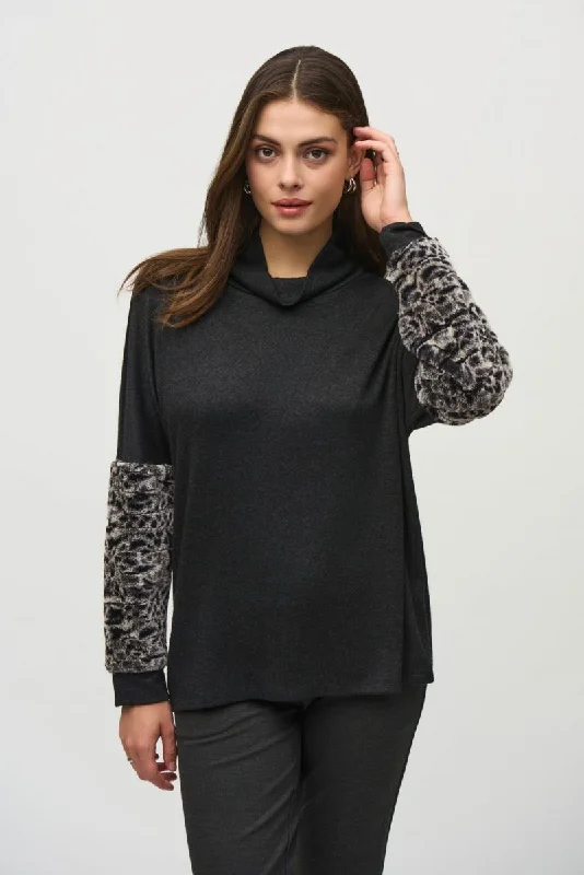 Flash Deal Joseph Ribkoff Charcoal Grey Faux Fur Long Sleeves Cowl Neck Tunic Top 244247 