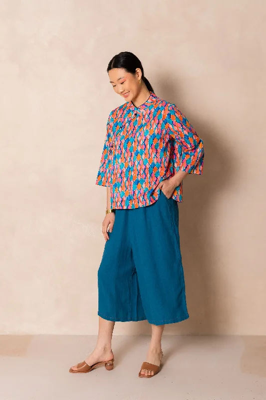 Clearance Sale Water Colour Geometric Print 3/4 Sleeve Cheongsam Top