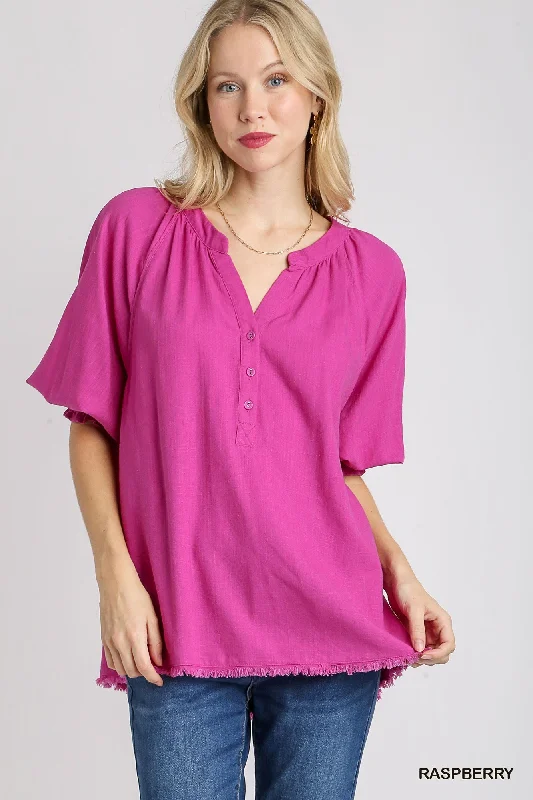 Clearance Sale Umgee Linen Raglan Sleeve Top in Raspberry