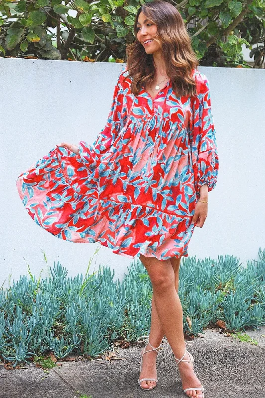 Hot Deal Aqua Coral Floral Bohemian Dress