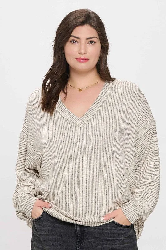 Deep Discounts ARIA PLUS STRIPED DROP SHOULDER V NECK KNIT TOP 1XL-3XL