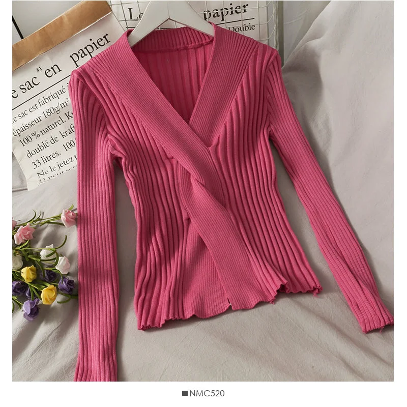Price Drop Alert Design cross vertical stripe V-neck tight and slim knit  1879