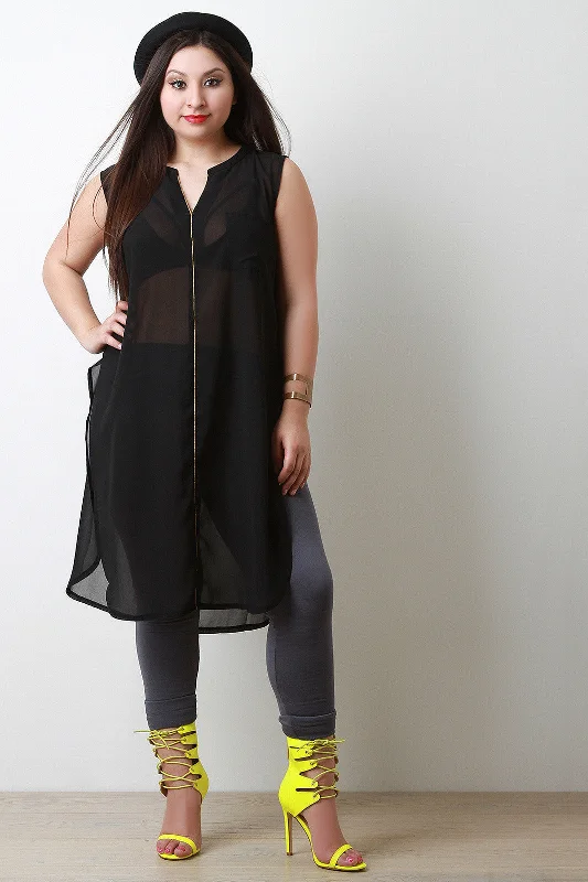 Value Deals Chiffon Sleeveless Deep Slit Longline Tunic Top