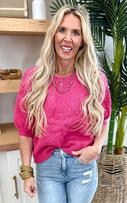Extra Savings Fuchsia Short Sleeve Puff Sleeve Sweater Top -Final Sale