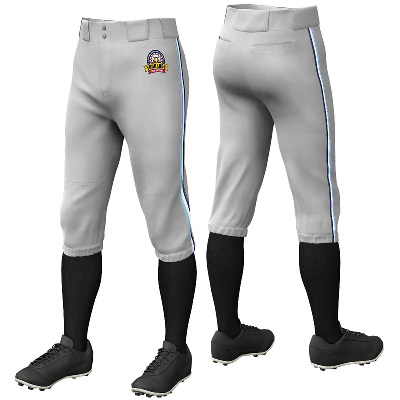 Custom Gray Light Blue White-Navy Classic Fit Stretch Practice Knickers Baseball Pants