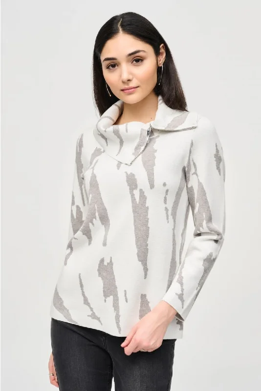 Steals and Deals Joseph Ribkoff Vanilla/Grey Melange Abstract Print Zipped Cowl Neck Top 243945