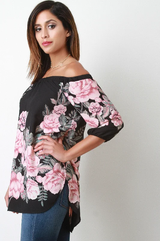 Anniversary Sale Chiffon Floral Elbow Sleeve Off-The-Shoulder Blouse